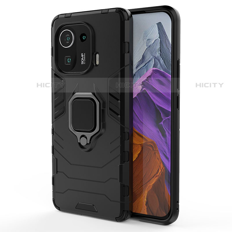 Coque Contour Silicone et Plastique Housse Etui Mat avec Magnetique Support Bague Anneau S06 pour Xiaomi Mi 11 Pro 5G Noir Plus