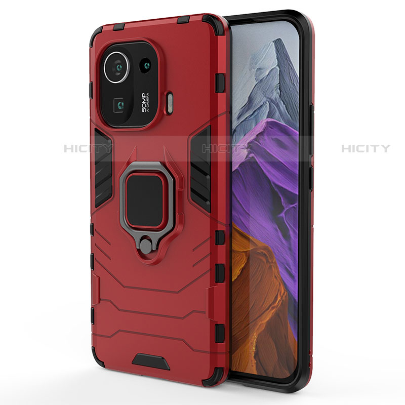 Coque Contour Silicone et Plastique Housse Etui Mat avec Magnetique Support Bague Anneau S06 pour Xiaomi Mi 11 Pro 5G Rouge Plus