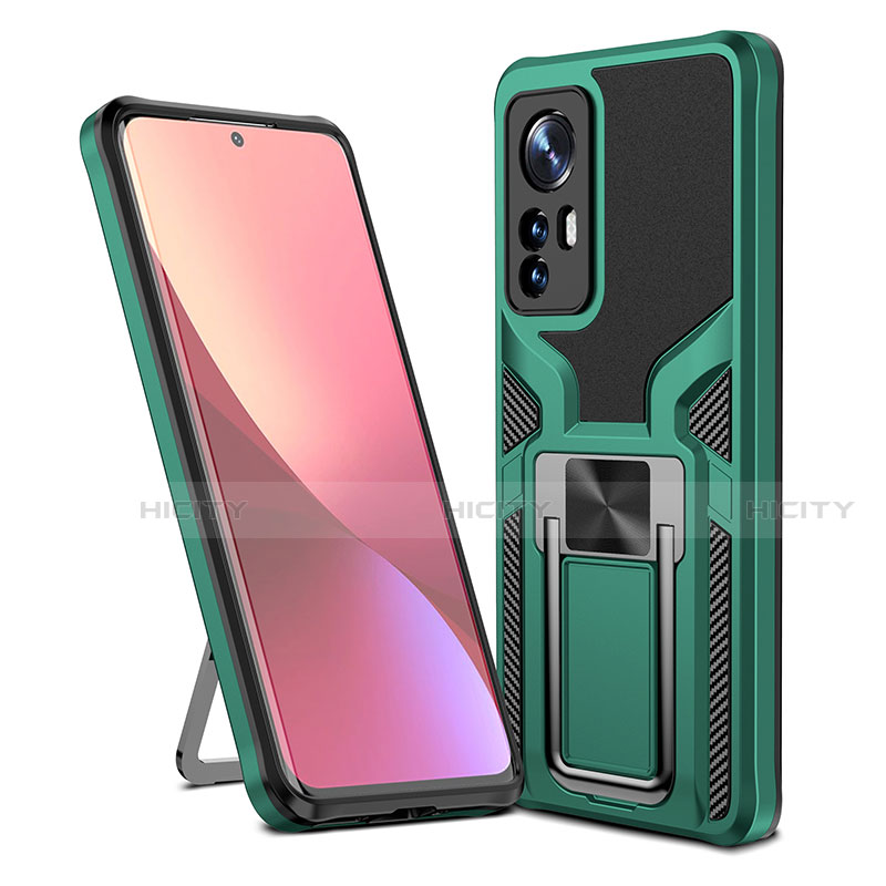 Coque Contour Silicone et Plastique Housse Etui Mat avec Magnetique Support Bague Anneau S06 pour Xiaomi Mi 12 5G Vert Plus