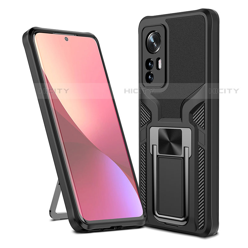 Coque Contour Silicone et Plastique Housse Etui Mat avec Magnetique Support Bague Anneau S06 pour Xiaomi Mi 12 Pro 5G Noir Plus