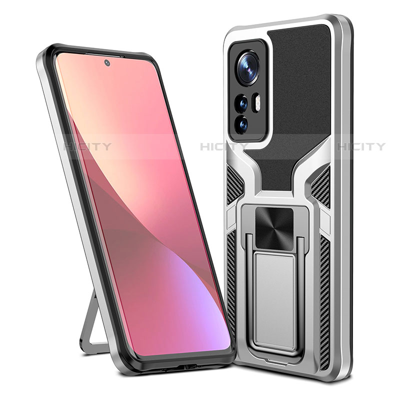 Coque Contour Silicone et Plastique Housse Etui Mat avec Magnetique Support Bague Anneau S06 pour Xiaomi Mi 12S 5G Argent Plus