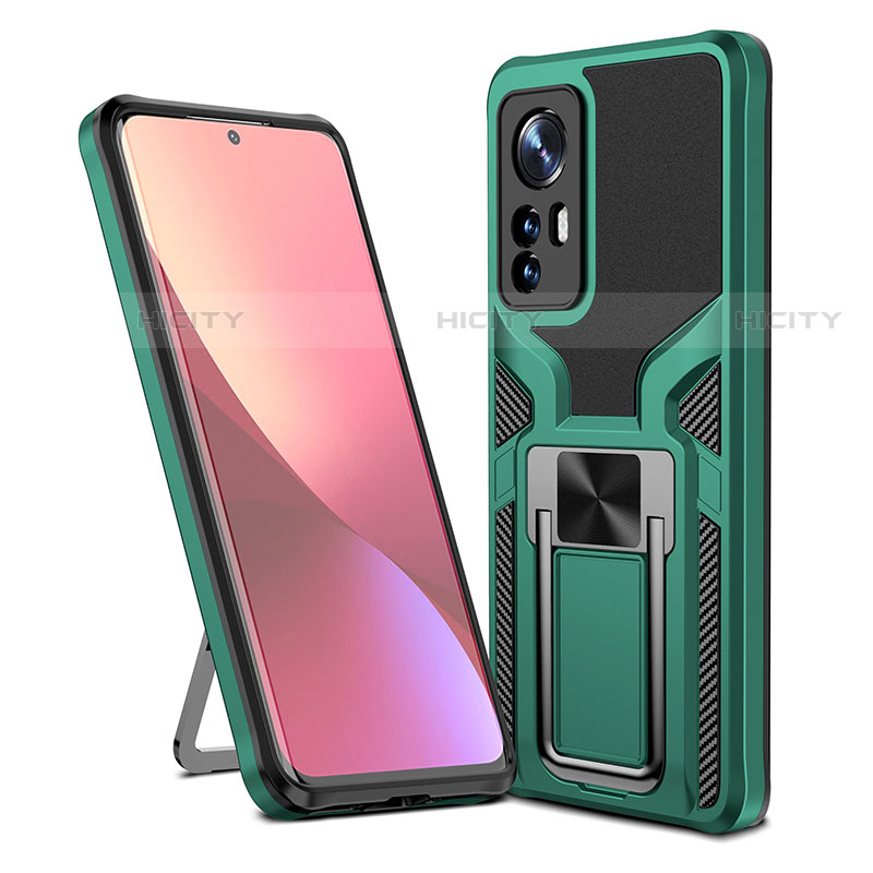 Coque Contour Silicone et Plastique Housse Etui Mat avec Magnetique Support Bague Anneau S06 pour Xiaomi Mi 12S 5G Vert Plus