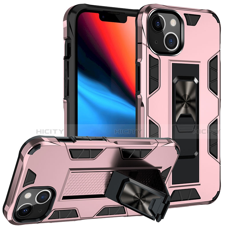 Coque Contour Silicone et Plastique Housse Etui Mat avec Magnetique Support Bague Anneau S07 pour Apple iPhone 13 Or Rose Plus