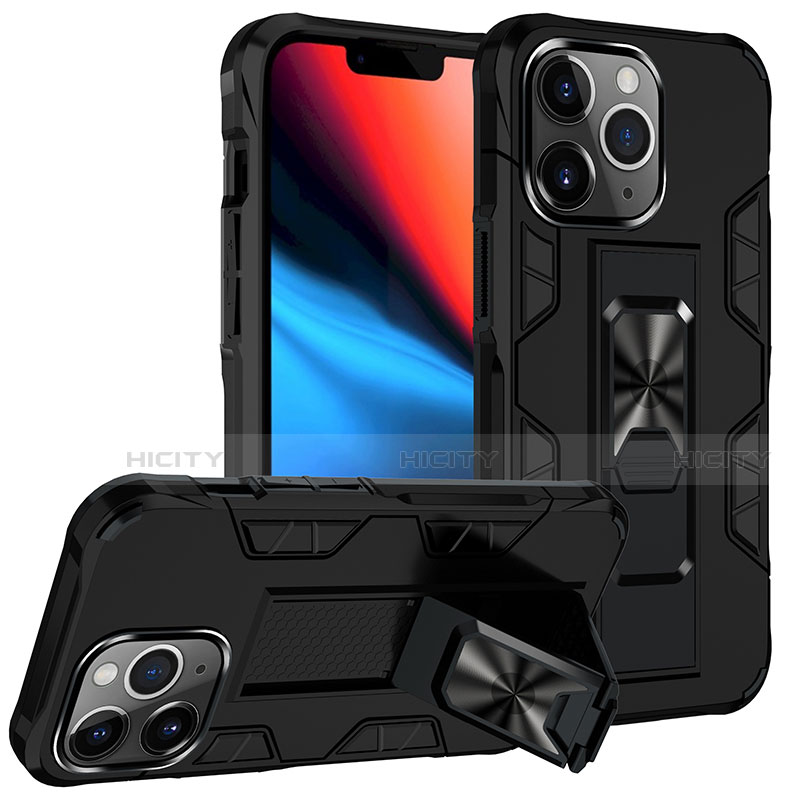 Coque Contour Silicone et Plastique Housse Etui Mat avec Magnetique Support Bague Anneau S07 pour Apple iPhone 13 Pro Noir Plus