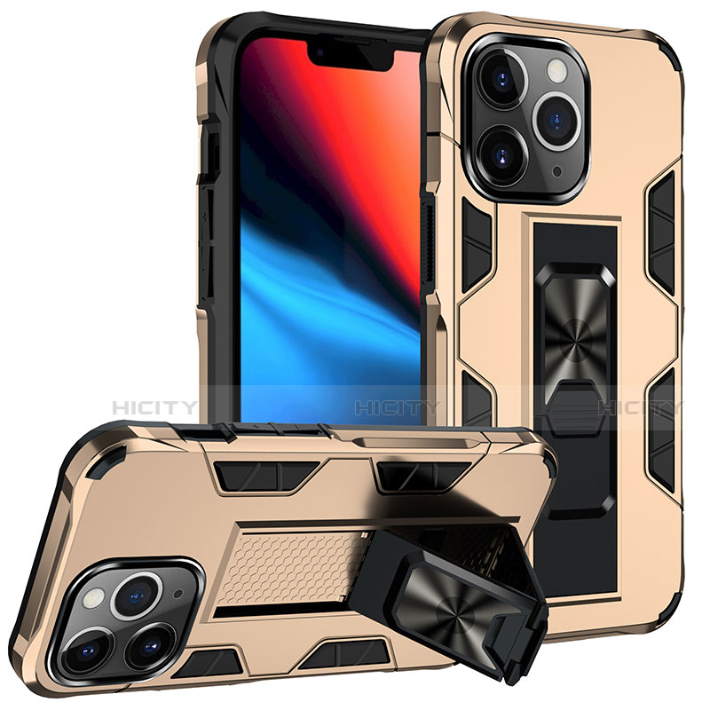 Coque Contour Silicone et Plastique Housse Etui Mat avec Magnetique Support Bague Anneau S07 pour Apple iPhone 13 Pro Or Plus