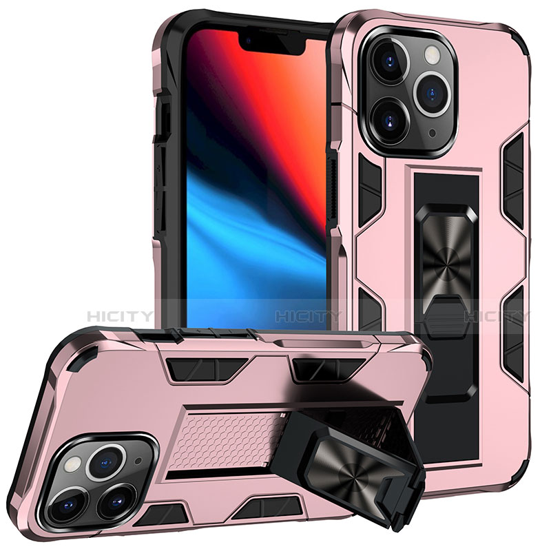 Coque Contour Silicone et Plastique Housse Etui Mat avec Magnetique Support Bague Anneau S07 pour Apple iPhone 13 Pro Or Rose Plus