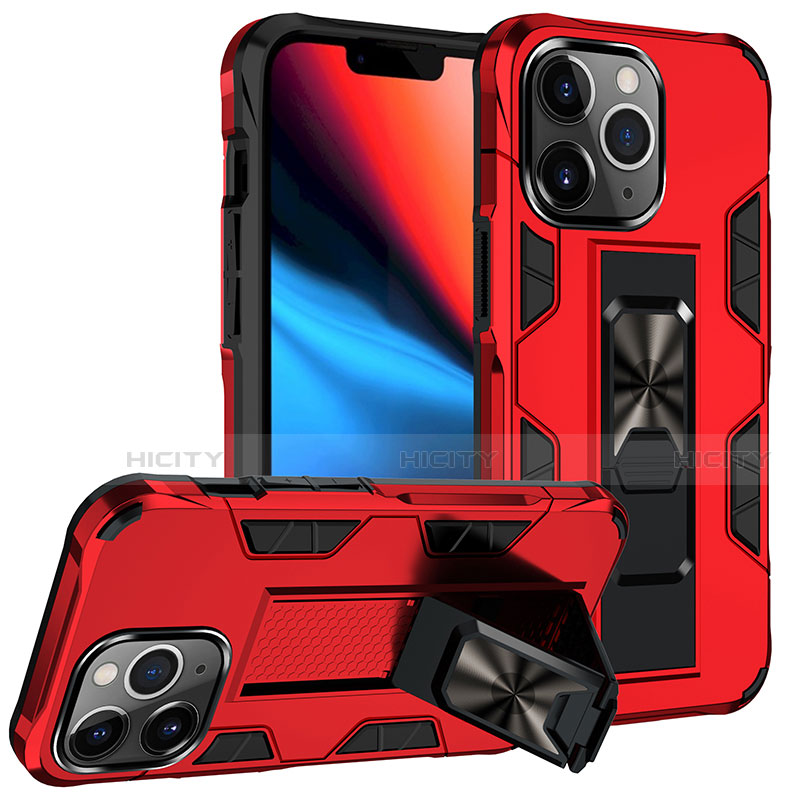 Coque Contour Silicone et Plastique Housse Etui Mat avec Magnetique Support Bague Anneau S07 pour Apple iPhone 13 Pro Rouge Plus