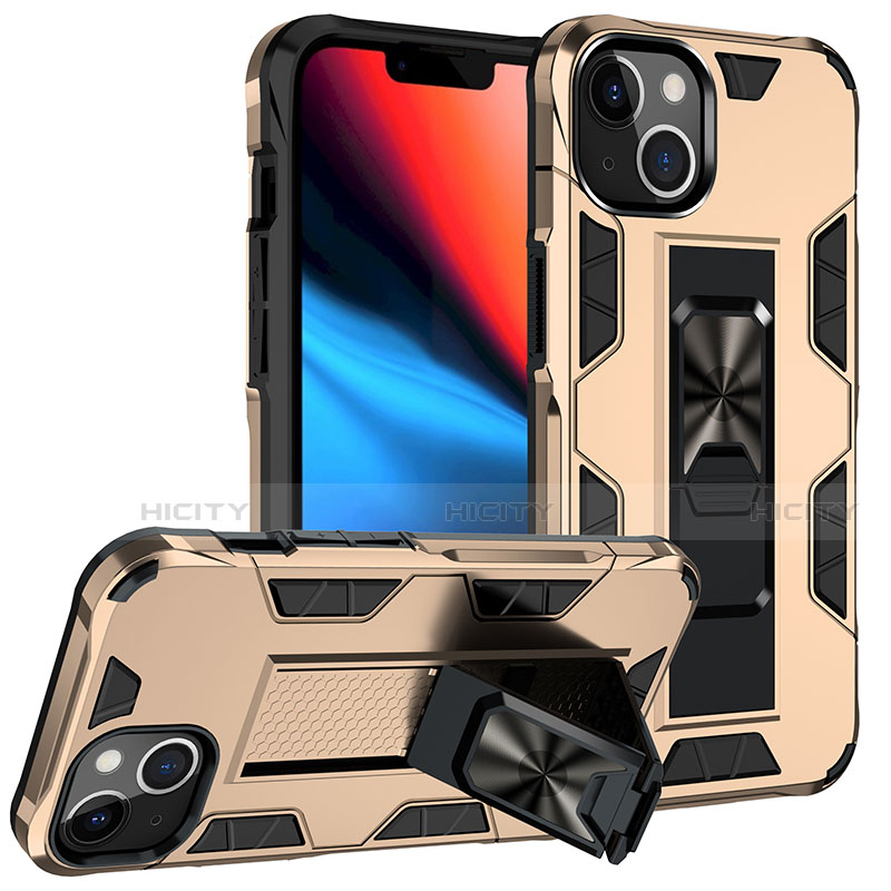 Coque Contour Silicone et Plastique Housse Etui Mat avec Magnetique Support Bague Anneau S07 pour Apple iPhone 14 Or Plus