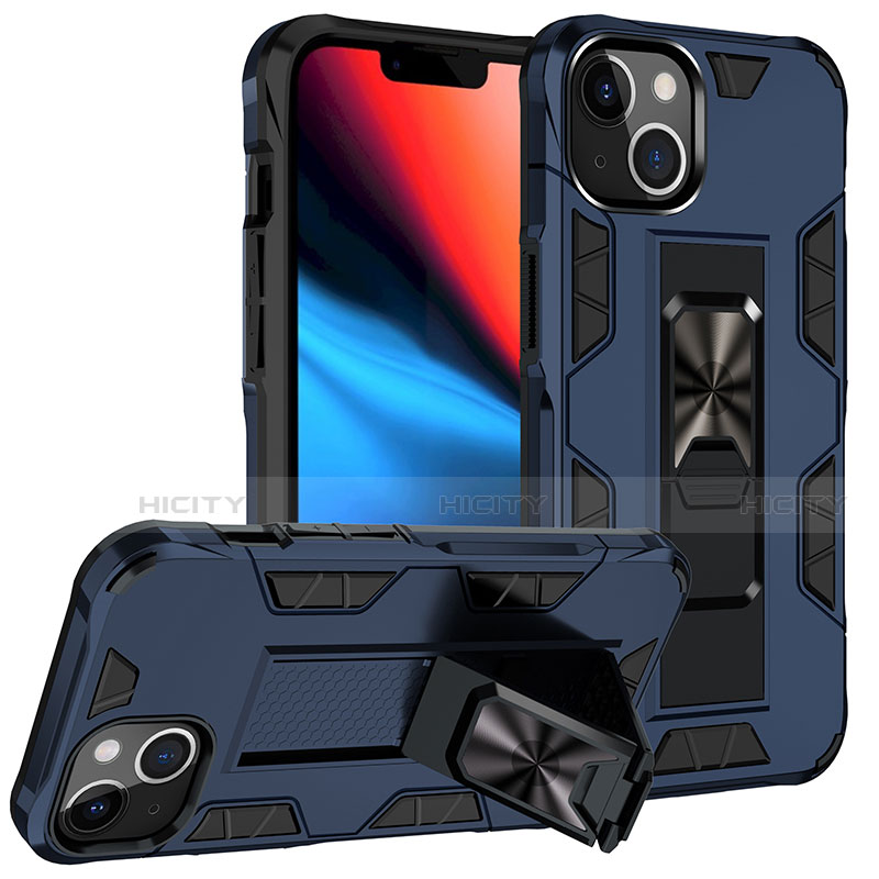 Coque Contour Silicone et Plastique Housse Etui Mat avec Magnetique Support Bague Anneau S07 pour Apple iPhone 14 Plus Bleu Plus