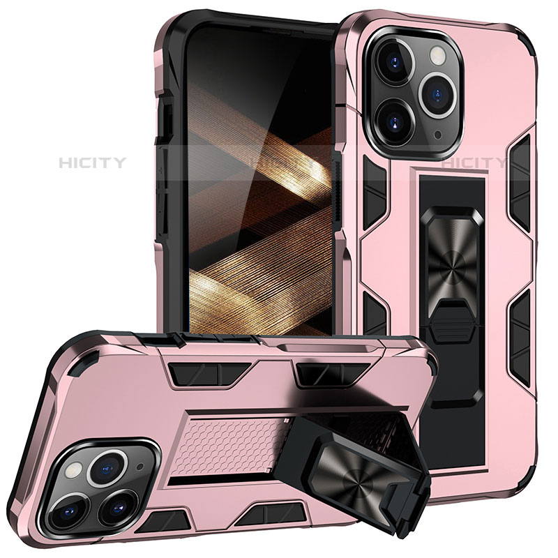 Coque Contour Silicone et Plastique Housse Etui Mat avec Magnetique Support Bague Anneau S07 pour Apple iPhone 15 Pro Max Or Rose Plus