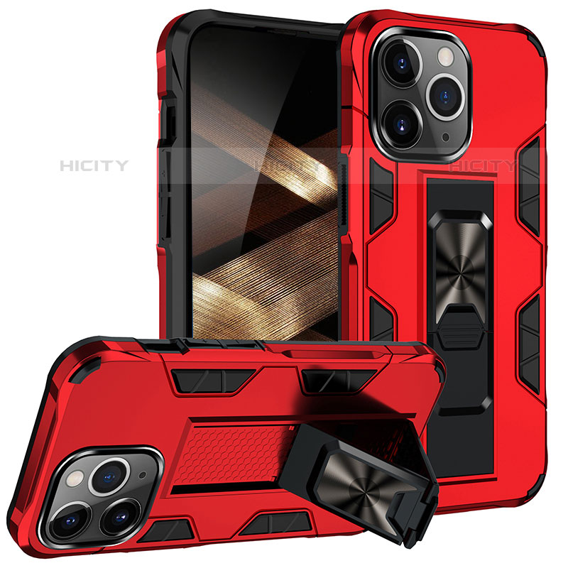 Coque Contour Silicone et Plastique Housse Etui Mat avec Magnetique Support Bague Anneau S07 pour Apple iPhone 15 Pro Rouge Plus