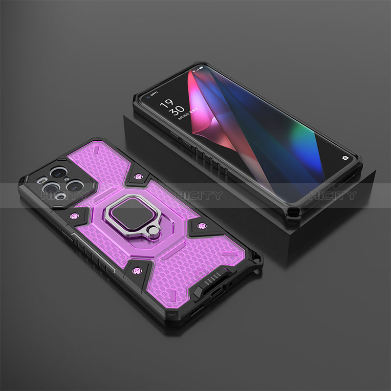 Coque Contour Silicone et Plastique Housse Etui Mat avec Magnetique Support Bague Anneau S07 pour Oppo Find X3 5G Violet Plus