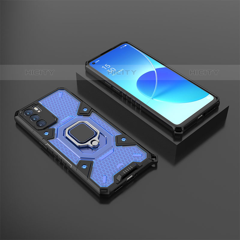 Coque Contour Silicone et Plastique Housse Etui Mat avec Magnetique Support Bague Anneau S07 pour Oppo Reno6 5G Bleu Plus