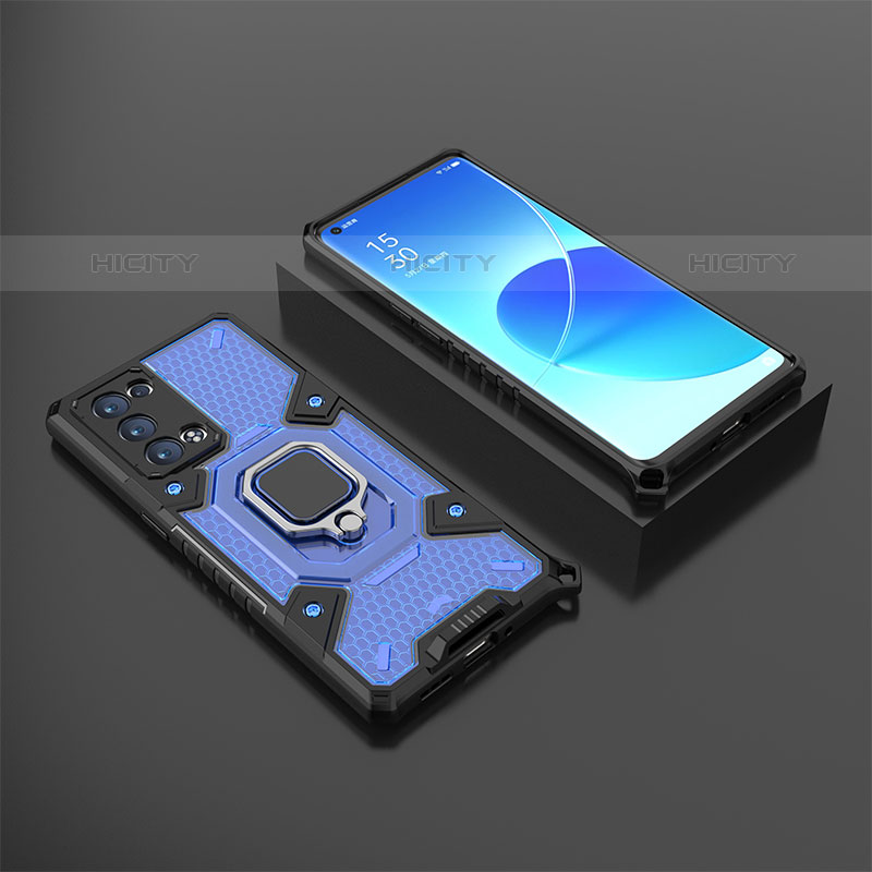 Coque Contour Silicone et Plastique Housse Etui Mat avec Magnetique Support Bague Anneau S07 pour Oppo Reno6 Pro+ Plus 5G Bleu Plus