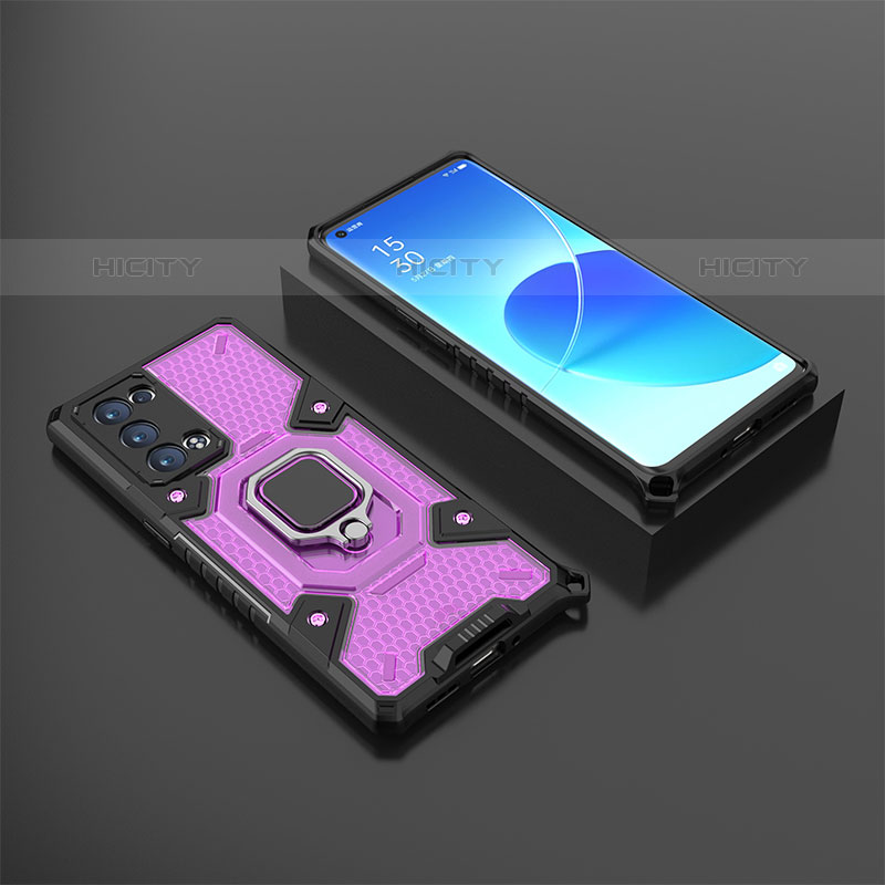 Coque Contour Silicone et Plastique Housse Etui Mat avec Magnetique Support Bague Anneau S07 pour Oppo Reno6 Pro+ Plus 5G Violet Plus