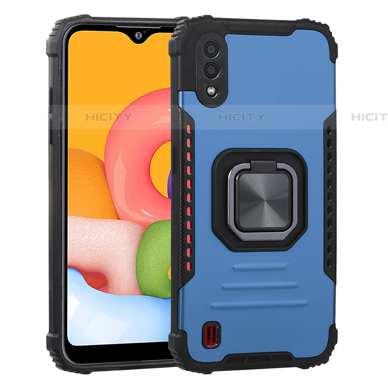 Coque Contour Silicone et Plastique Housse Etui Mat avec Magnetique Support Bague Anneau S07 pour Samsung Galaxy A01 SM-A015 Bleu Plus