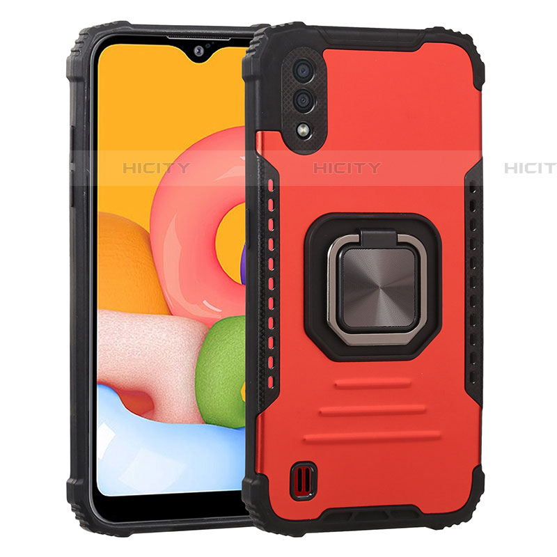 Coque Contour Silicone et Plastique Housse Etui Mat avec Magnetique Support Bague Anneau S07 pour Samsung Galaxy A01 SM-A015 Rouge Plus