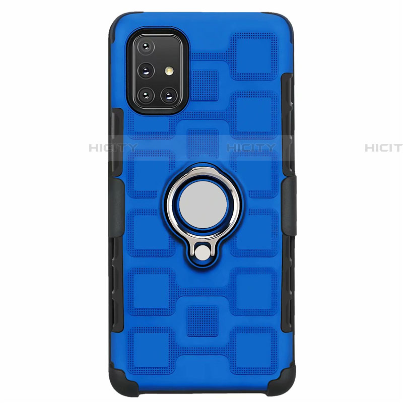 Coque Contour Silicone et Plastique Housse Etui Mat avec Magnetique Support Bague Anneau S07 pour Samsung Galaxy A71 5G Bleu Ciel Plus