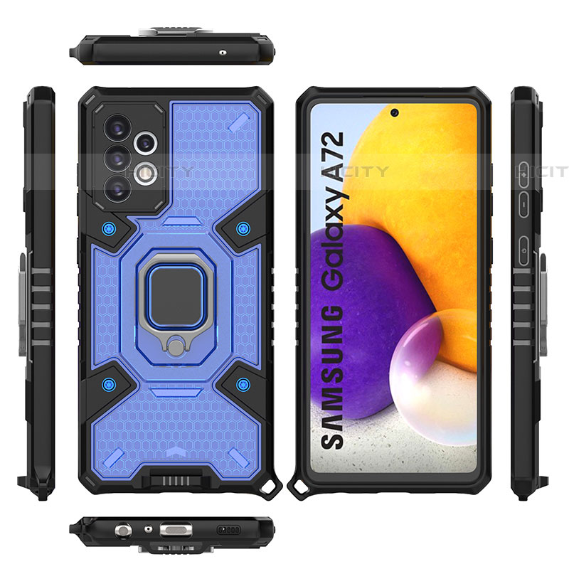 Coque Contour Silicone et Plastique Housse Etui Mat avec Magnetique Support Bague Anneau S07 pour Samsung Galaxy A72 4G Bleu Plus