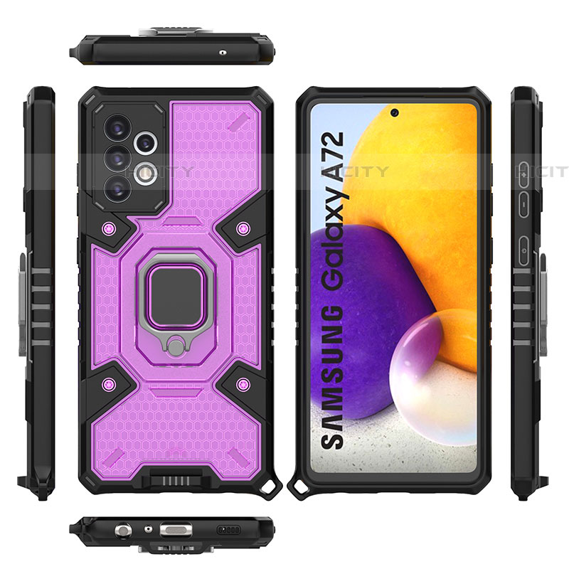 Coque Contour Silicone et Plastique Housse Etui Mat avec Magnetique Support Bague Anneau S07 pour Samsung Galaxy A72 4G Violet Plus