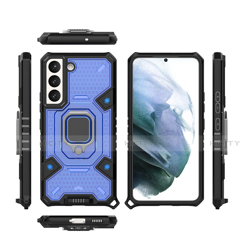 Coque Contour Silicone et Plastique Housse Etui Mat avec Magnetique Support Bague Anneau S07 pour Samsung Galaxy S21 5G Bleu Plus