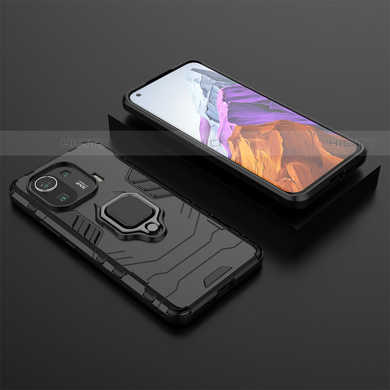 Coque Contour Silicone et Plastique Housse Etui Mat avec Magnetique Support Bague Anneau S07 pour Xiaomi Mi 11 Pro 5G Noir Plus