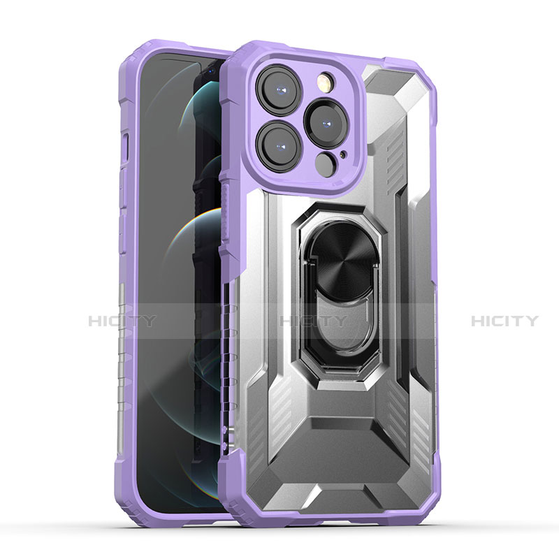 Coque Contour Silicone et Plastique Housse Etui Mat avec Magnetique Support Bague Anneau S08 pour Apple iPhone 13 Pro Violet Plus