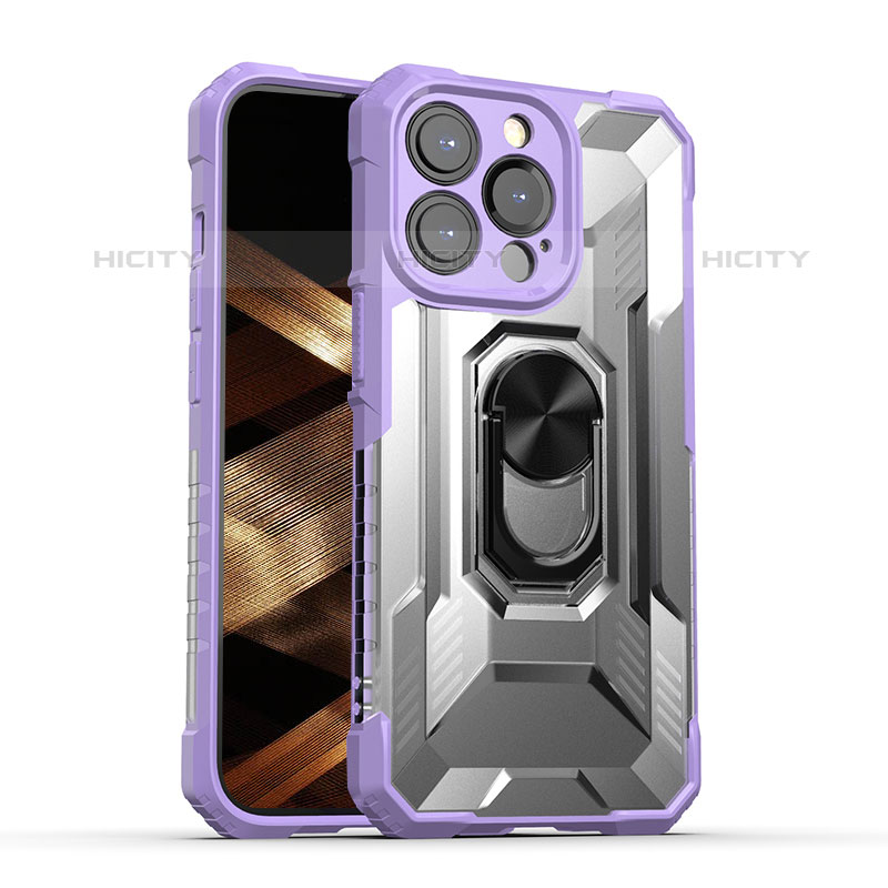 Coque Contour Silicone et Plastique Housse Etui Mat avec Magnetique Support Bague Anneau S08 pour Apple iPhone 15 Pro Violet Plus