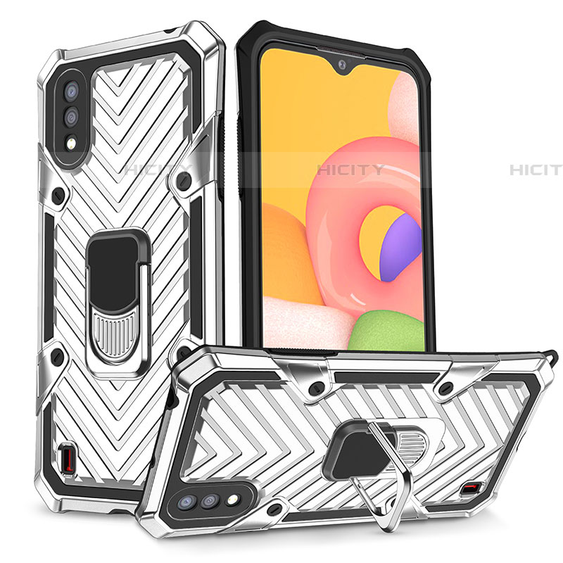 Coque Contour Silicone et Plastique Housse Etui Mat avec Magnetique Support Bague Anneau S08 pour Samsung Galaxy A01 SM-A015 Argent Plus