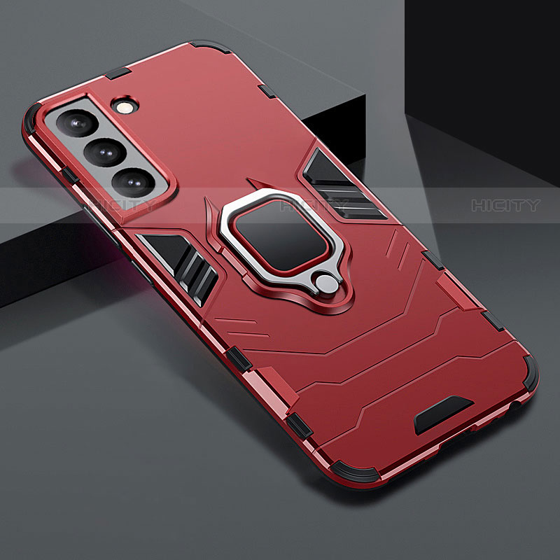 Coque Contour Silicone et Plastique Housse Etui Mat avec Magnetique Support Bague Anneau S08 pour Samsung Galaxy S21 Plus 5G Rouge Plus