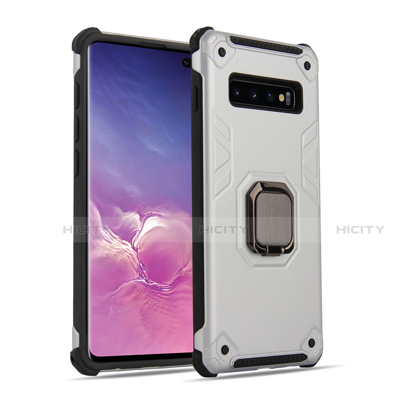 Coque Contour Silicone et Plastique Housse Etui Mat avec Magnetique Support Bague Anneau T01 pour Samsung Galaxy S10 5G Argent Plus