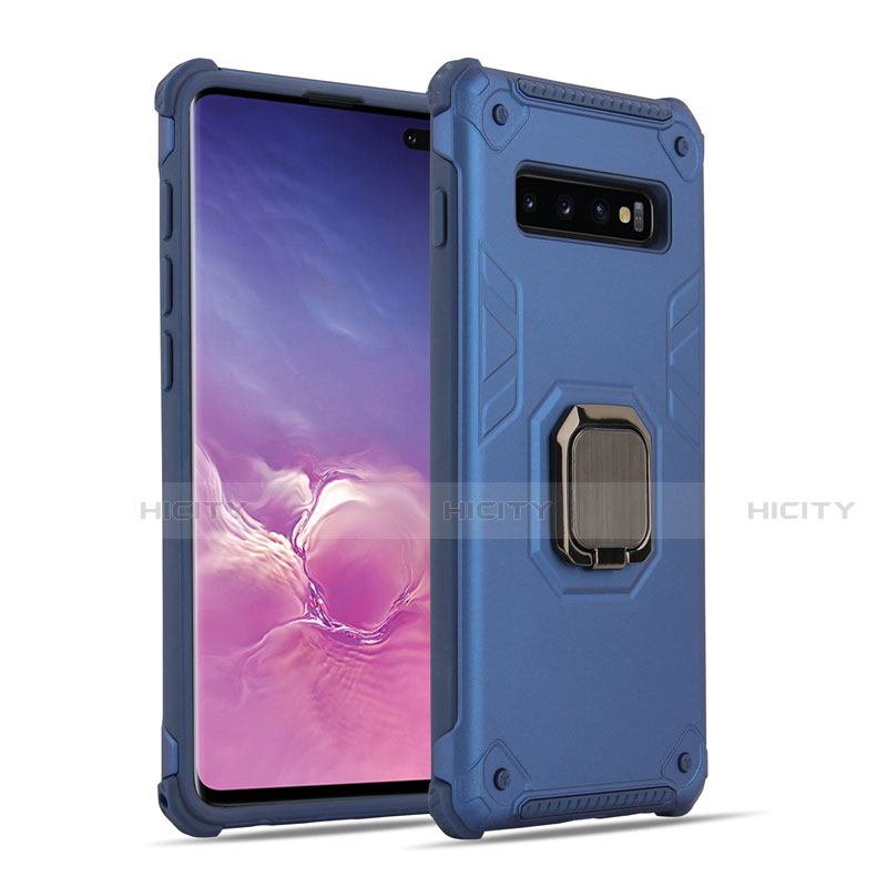 Coque Contour Silicone et Plastique Housse Etui Mat avec Magnetique Support Bague Anneau T01 pour Samsung Galaxy S10 Bleu Plus