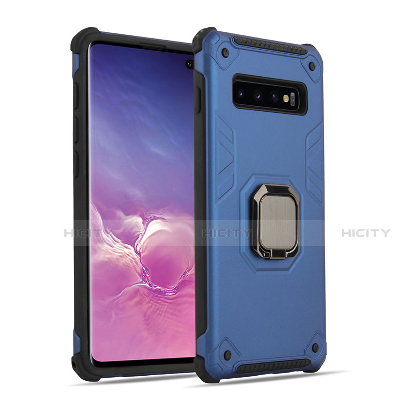 Coque Contour Silicone et Plastique Housse Etui Mat avec Magnetique Support Bague Anneau T01 pour Samsung Galaxy S10 Bleu et Noir Plus