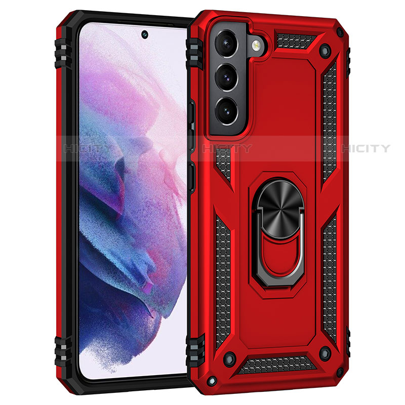 Coque Contour Silicone et Plastique Housse Etui Mat avec Magnetique Support Bague Anneau T02 pour Samsung Galaxy S21 5G Rouge Plus