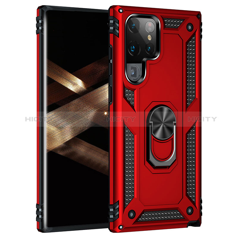 Coque Contour Silicone et Plastique Housse Etui Mat avec Magnetique Support Bague Anneau T02 pour Samsung Galaxy S25 Ultra 5G Rouge Plus