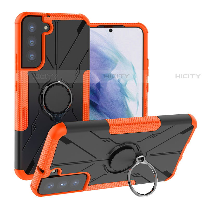 Coque Contour Silicone et Plastique Housse Etui Mat avec Magnetique Support Bague Anneau T08 pour Samsung Galaxy S21 5G Orange Plus