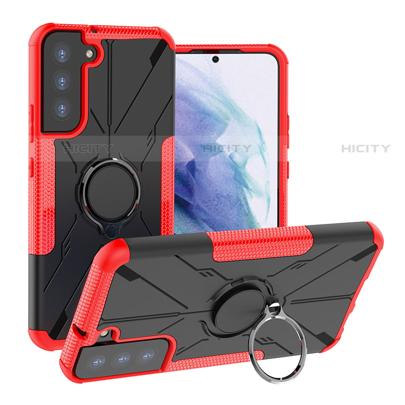 Coque Contour Silicone et Plastique Housse Etui Mat avec Magnetique Support Bague Anneau T08 pour Samsung Galaxy S21 5G Rouge Plus