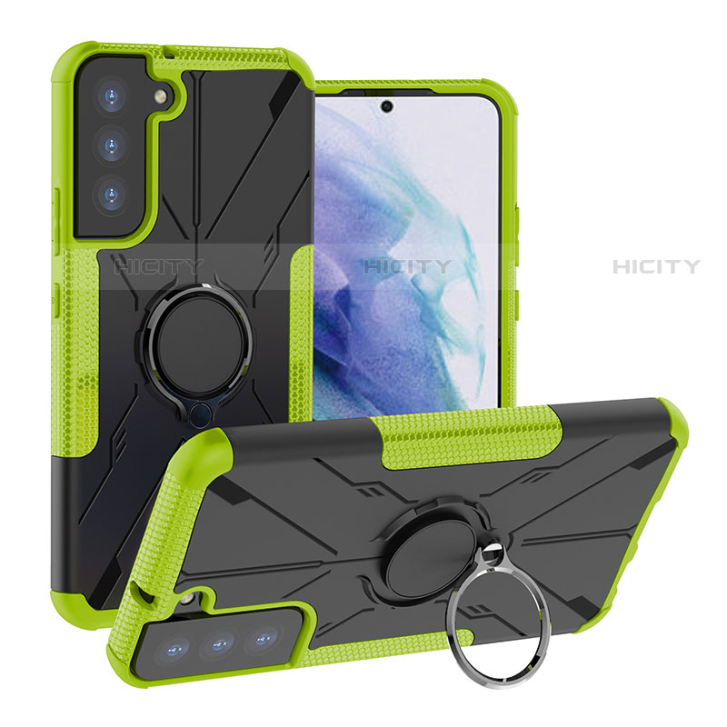 Coque Contour Silicone et Plastique Housse Etui Mat avec Magnetique Support Bague Anneau T08 pour Samsung Galaxy S21 5G Vert Plus