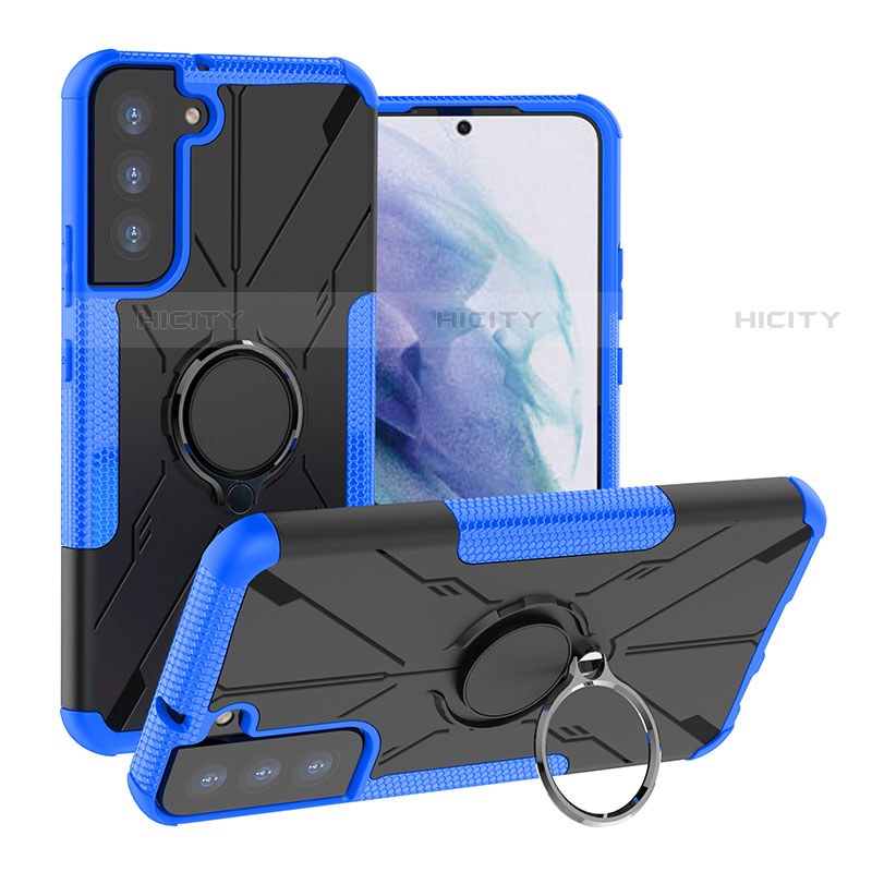 Coque Contour Silicone et Plastique Housse Etui Mat avec Magnetique Support Bague Anneau T08 pour Samsung Galaxy S21 FE 5G Bleu Plus