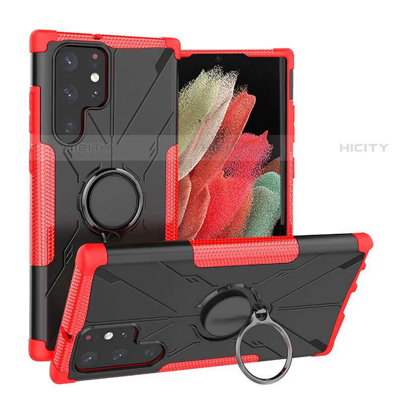 Coque Contour Silicone et Plastique Housse Etui Mat avec Magnetique Support Bague Anneau T08 pour Samsung Galaxy S21 Ultra 5G Rouge Plus