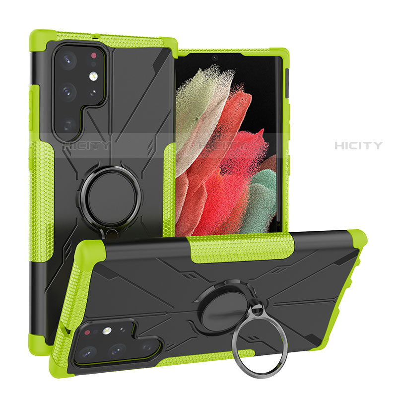 Coque Contour Silicone et Plastique Housse Etui Mat avec Magnetique Support Bague Anneau T08 pour Samsung Galaxy S21 Ultra 5G Vert Plus