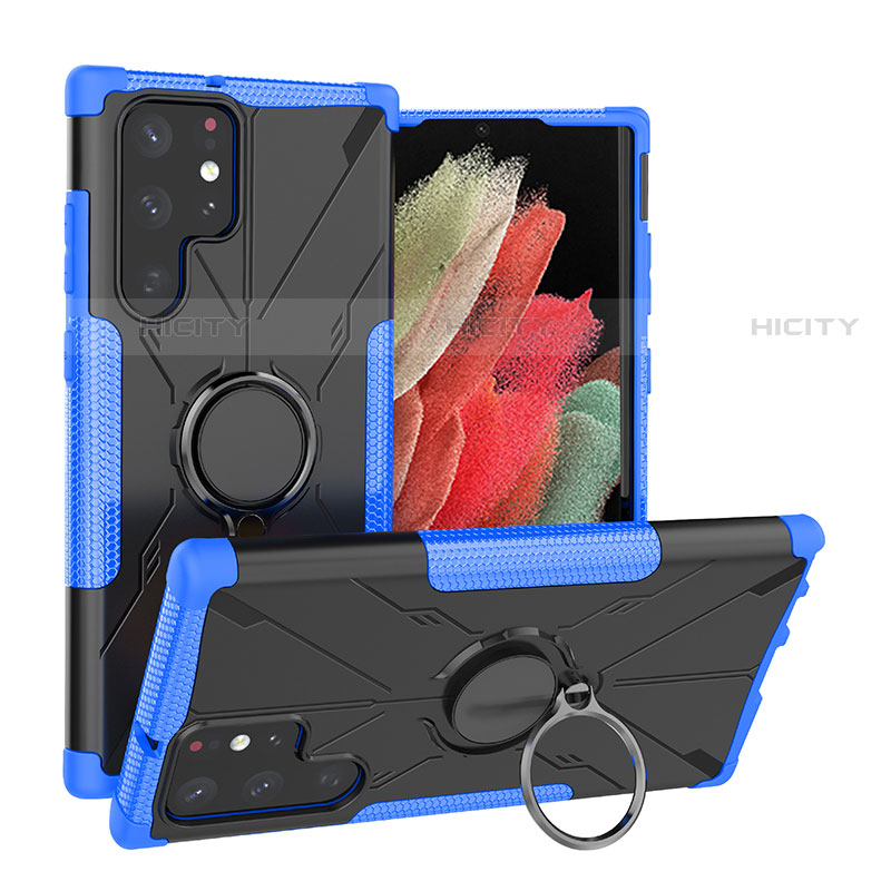 Coque Contour Silicone et Plastique Housse Etui Mat avec Magnetique Support Bague Anneau T08 pour Samsung Galaxy S22 Ultra 5G Bleu Plus