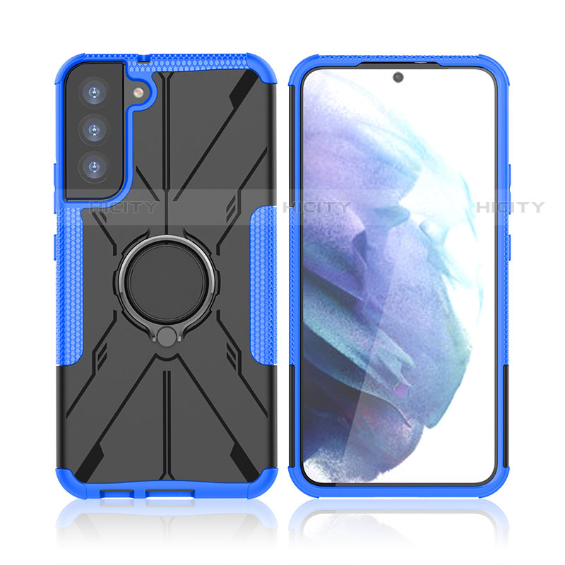 Coque Contour Silicone et Plastique Housse Etui Mat avec Magnetique Support Bague Anneau T09 pour Samsung Galaxy S21 5G Bleu Plus