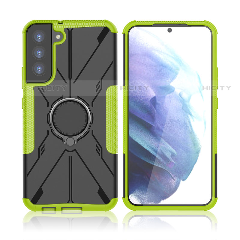 Coque Contour Silicone et Plastique Housse Etui Mat avec Magnetique Support Bague Anneau T09 pour Samsung Galaxy S21 5G Vert Plus