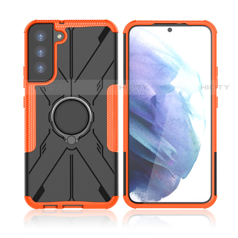 Coque Contour Silicone et Plastique Housse Etui Mat avec Magnetique Support Bague Anneau T09 pour Samsung Galaxy S21 Plus 5G Orange Plus