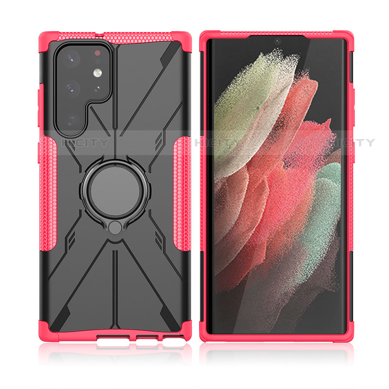 Coque Contour Silicone et Plastique Housse Etui Mat avec Magnetique Support Bague Anneau T09 pour Samsung Galaxy S21 Ultra 5G Plus