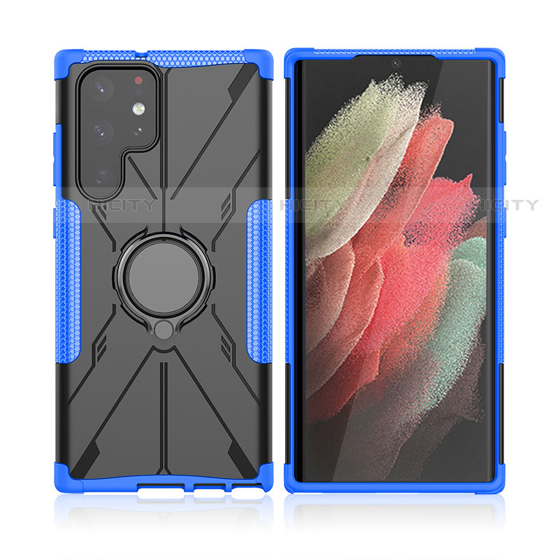 Coque Contour Silicone et Plastique Housse Etui Mat avec Magnetique Support Bague Anneau T09 pour Samsung Galaxy S22 Ultra 5G Plus