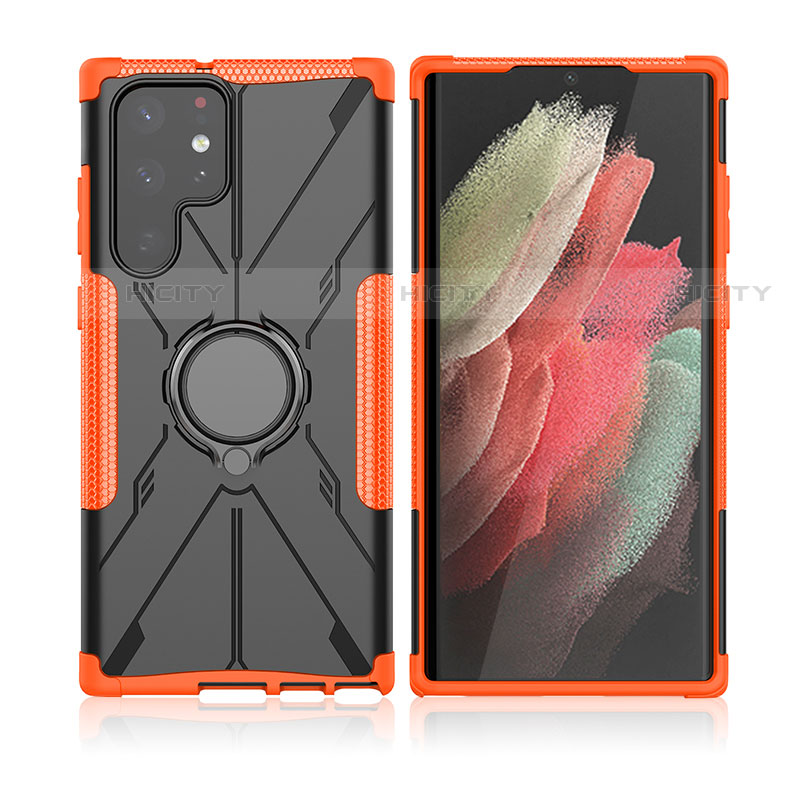 Coque Contour Silicone et Plastique Housse Etui Mat avec Magnetique Support Bague Anneau T09 pour Samsung Galaxy S23 Ultra 5G Orange Plus