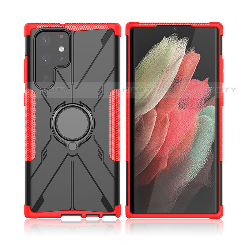 Coque Contour Silicone et Plastique Housse Etui Mat avec Magnetique Support Bague Anneau T09 pour Samsung Galaxy S23 Ultra 5G Rouge Plus