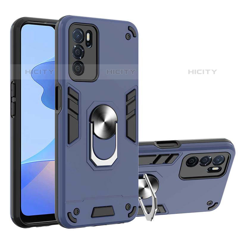 Coque Contour Silicone et Plastique Housse Etui Mat avec Magnetique Support Bague Anneau Y01B pour Oppo A16s Bleu Plus